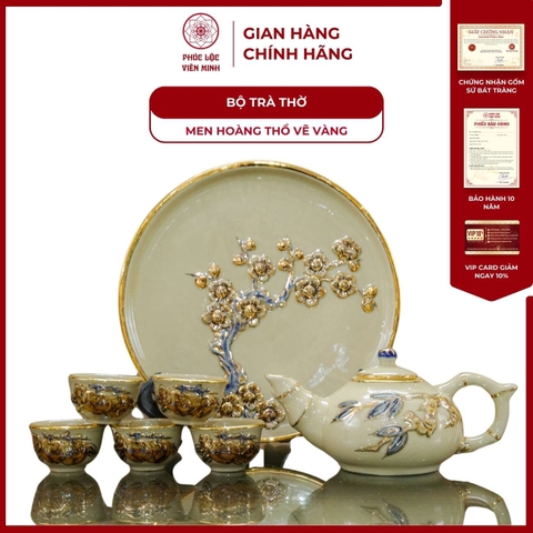 Bộ Trà Thờ 5 Chén Men Hoàng Thổ Vẽ Vàng Gốm Sứ Bát Tràng - Phúc Lộc Viên Minh