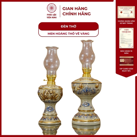 Đèn Thờ Men Hoàng Thổ Vẽ Vàng Gốm Sứ Bát Tràng - Phúc Lộc Viên Minh