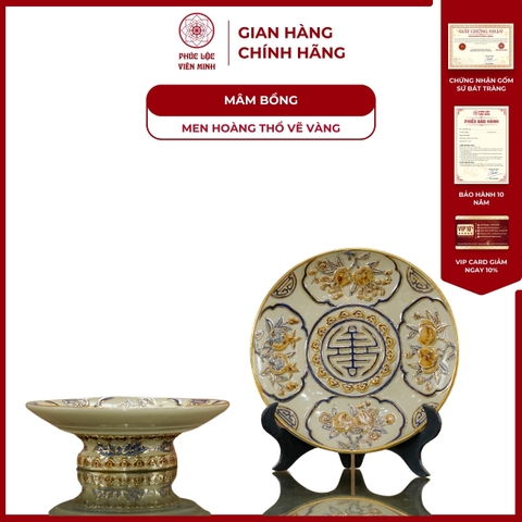Mâm Bồng Men Hoàng Thổ Vẽ Vàng Gốm Sứ Bát Tràng - Phúc Lộc Viên Minh