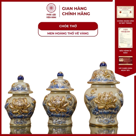 Chóe Thờ Họa Tiết Sen Men Hoàng Thổ Vẽ Vàng Gốm Sứ Bát Tràng - Phúc Lộc Viên Minh