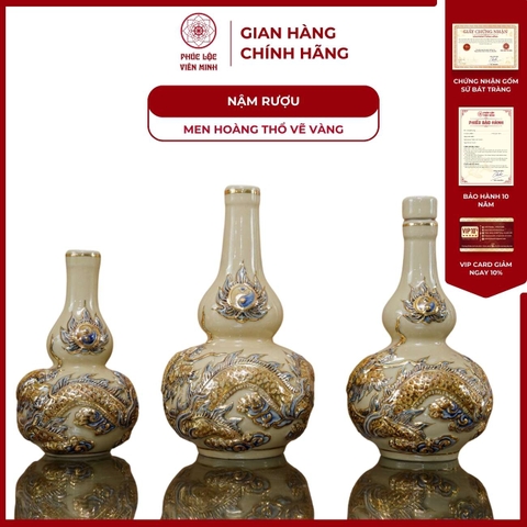 Nậm Rượu Hai Bầu Họa Tiết Rồng Men Hoàng Thổ Vẽ Vàng Gốm Sứ Bát Tràng - Phúc Lộc Viên Minh