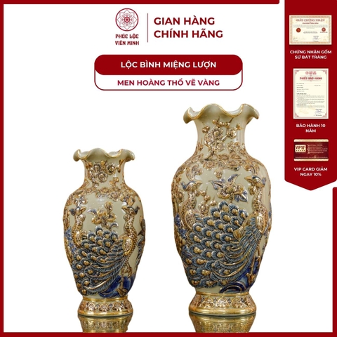 Đôi Lộc Bình Miệng Lượn Họa Tiết Công Đào Men Hoàng Thổ Vẽ Vàng Gốm Sứ Bát Tràng - Phúc Lộc Viên Minh