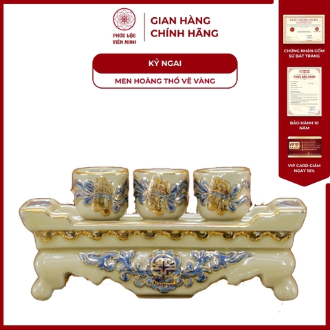 Kỷ Ngai 3 Chén Men Hoàng Thổ Vẽ Vàng Gốm Sứ Bát Tràng - Phúc Lộc Viên Minh