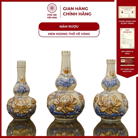 Nậm Rượu Hai Bầu Họa Tiết Sen Men Hoàng Thổ Vẽ Vàng Gốm Sứ Bát Tràng - Phúc Lộc Viên Minh