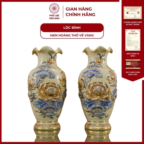 Đôi Lộc Bình Miệng Lượn Họa Tiết Sen Men Hoàng Thổ Vẽ Vàng Gốm Sứ Bát Tràng - Phúc Lộc Viên Minh