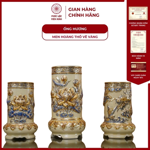 Ống Hương Sen Men Hoàng Thổ Vẽ Vàng Gốm Sứ Bát Tràng - Phúc Lộc Viên Minh