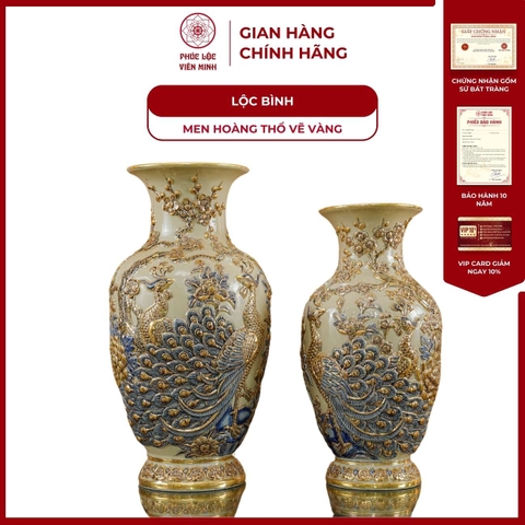 Đôi Lộc Bình Họa Tiết Công Đào Men Hoàng Thổ Vẽ Vàng Gốm Sứ Bát Tràng - Phúc Lộc Viên Minh