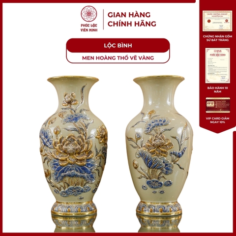 Đôi Lộc Bình Họa Tiết Sen Men Hoàng Thổ Vẽ Vàng Gốm Sứ Bát Tràng - Phúc Lộc Viên Minh
