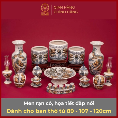 Bộ Đồ Thờ Men Rạn Đắp Nổi Gốm Sứ Bát Tràng - Phúc Lộc Viên Minh - PLVM303