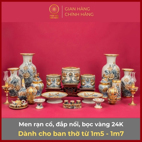 Bộ Đồ Thờ Men Rạn Cổ Bọc Vàng 24K Gốm Sứ Bát Tràng - Phúc Lộc Viên Minh - PLVM306