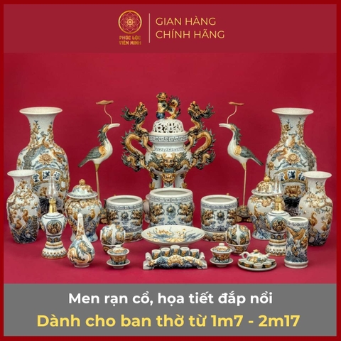 Bộ Đồ Thờ Men Rạn Đắp Nổi Gốm Sứ Bát Tràng - Phúc Lộc Viên Minh - PLVM308