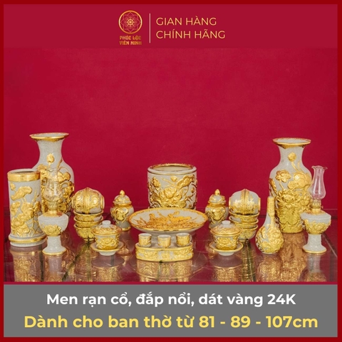 Bộ Đồ Thờ Men Rạn Đắp Nổi Dát Vàng Gốm Sứ Bát Tràng - Phúc Lộc Viên Minh - PLVM310