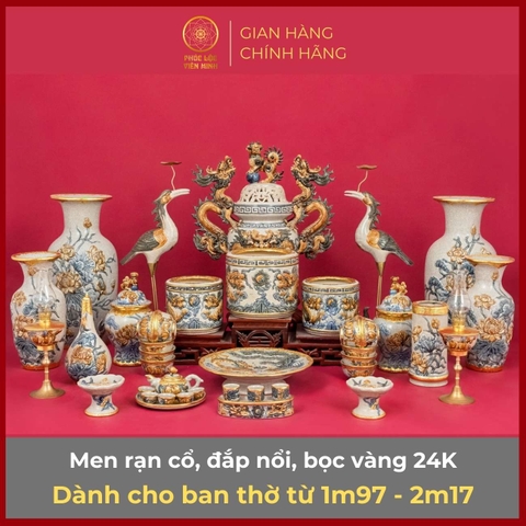 Bộ Đồ Thờ Men Rạn Đắp Nổi Bọc Vàng Gốm Sứ Bát Tràng - Phúc Lộc Viên Minh - PLVM311