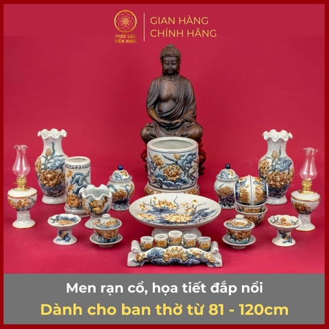 Bộ Đồ Thờ Men Rạn Đắp Nổi Gốm Sứ Bát Tràng - Phúc Lộc Viên Minh - PLVM312