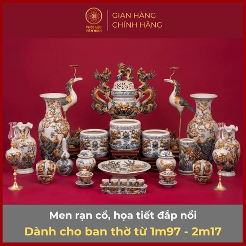 Bộ Đồ Thờ Men Rạn Đắp Nổi Gốm Sứ Bát Tràng - Phúc Lộc Viên Minh - PLVM313