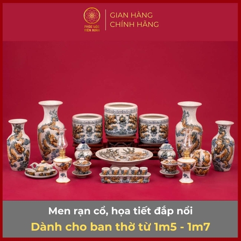 Bộ Đồ Thờ Men Rạn Đắp Nổi Gốm Sứ Bát Tràng - Phúc Lộc Viên Minh - PLVM315