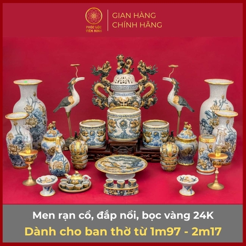 Bộ Đồ Thờ Men Rạn Đắp Nổi Bọc Vàng Gốm Sứ Bát Tràng - Phúc Lộc Viên Minh - PLVM317