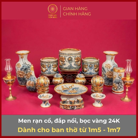 Bộ Đồ Thờ Men Rạn Đắp Nổi Bọc Vàng Gốm Sứ Bát Tràng - Phúc Lộc Viên Minh - PLVM318