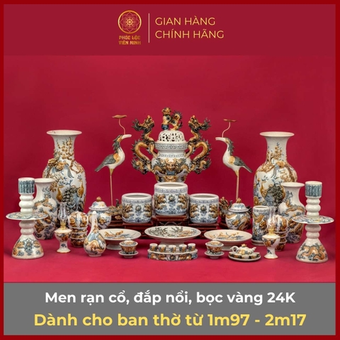 Bộ Đồ Thờ Men Rạn Bọc Vàng Gốm Sứ Bát Tràng - Phúc Lộc Viên Minh - PLVM319