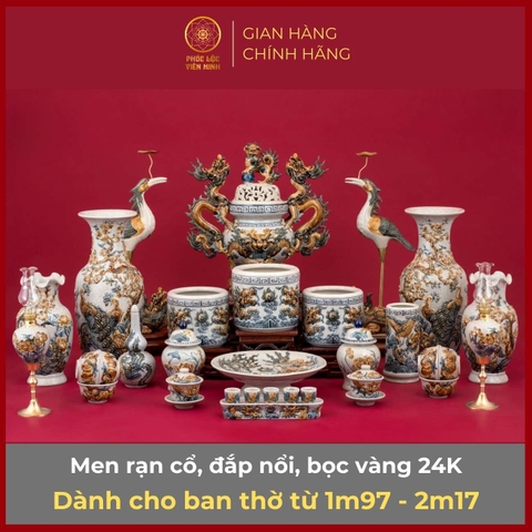 Bộ Đồ Thờ Men Rạn Đắp Nổi Bọc Vàng Gốm Sứ Bát Tràng - Phúc Lộc Viên Minh - PLVM321