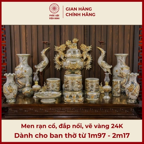 Bộ Đồ Thờ Men Rạn Đắp Nổi Vẽ Vàng Gốm Sứ Bát Tràng - Phúc Lộc Viên Minh - PLVM324