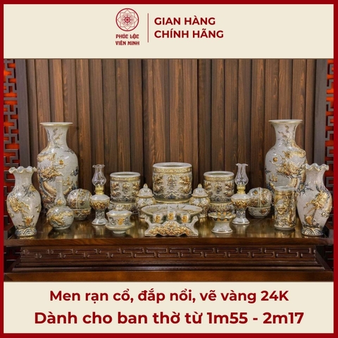 Bộ Đồ Thờ Men Rạn Đắp Nổi Vẽ Vàng Gốm Sứ Bát Tràng - Phúc Lộc Viên Minh - PLVM327