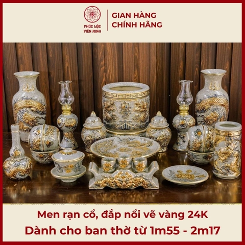 Bộ Đồ Thờ Men Rạn Đắp Nổi Vẽ Vàng Gốm Sứ Bát Tràng - Phúc Lộc Viên Minh - PLVM331