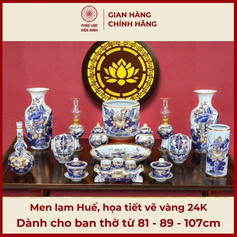 Bộ Đồ Thờ Men Lam Vẽ Vàng Gốm Sứ Bát Tràng - Phúc Lộc Viên Minh - PLVM332