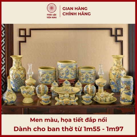 Bộ Đồ Thờ Men Màu Họa Tiết Đắp Nổi Gốm Sứ Bát Tràng - Phúc Lộc Viên Minh - PLVM335