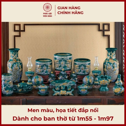 Bộ Đồ Thờ Men Màu Đắp Nổi Gốm Sứ Bát Tràng - Phúc Lộc Viên Minh - PLVM337