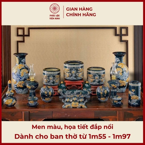 Bộ Đồ Thờ Men Màu Đắp Nổi Gốm Sứ Bát Tràng - Phúc Lộc Viên Minh - PLVM338