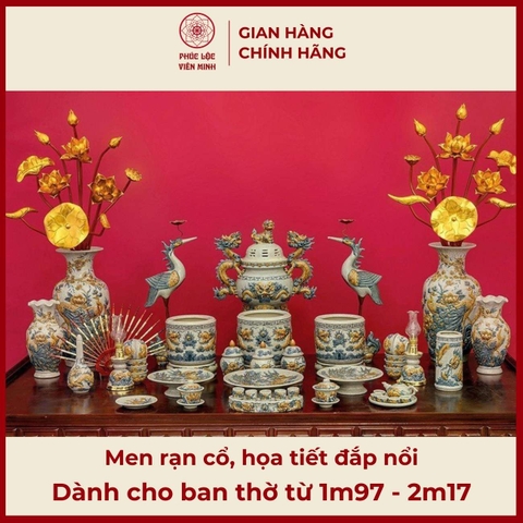 Bộ Đồ Thờ Men Rạn Đắp Nổi Gốm Sứ Bát Tràng - Phúc Lộc Viên Minh - PLVM344