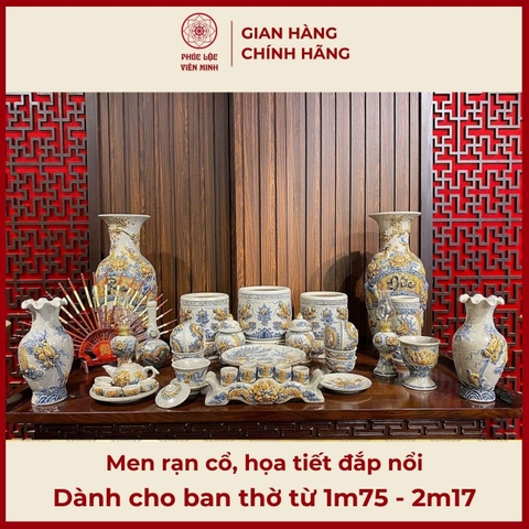 Bộ Đồ Thờ Men Rạn Đắp Nổi Gốm Sứ Bát Tràng - Phúc Lộc Viên Minh - PLVM347
