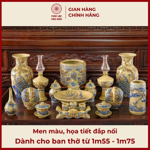 Bộ Đồ Thờ Men Màu Đắp Nổi Gốm Sứ Bát Tràng - Phúc Lộc Viên Minh - PLVM350