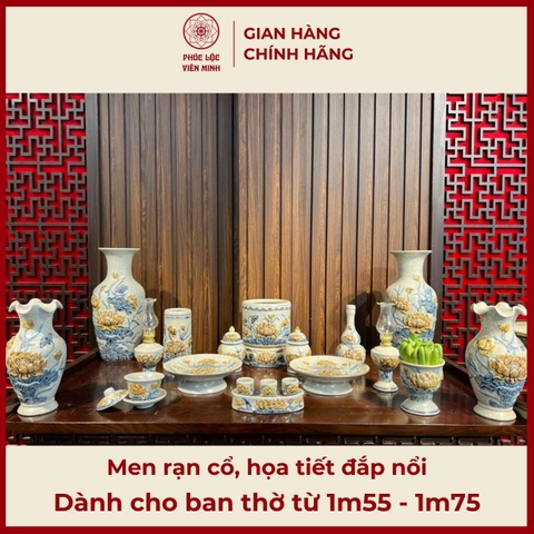 Bộ Đồ Thờ Men Rạn Đắp Nổi Gốm Sứ Bát Tràng - Phúc Lộc Viên Minh - PLVM352