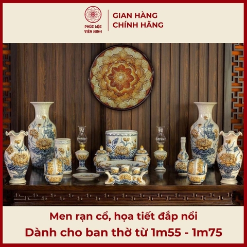 Bộ Đồ Thờ Men Rạn Đắp Nổi Gốm Sứ Bát Tràng - Phúc Lộc Viên Minh - PLVM353