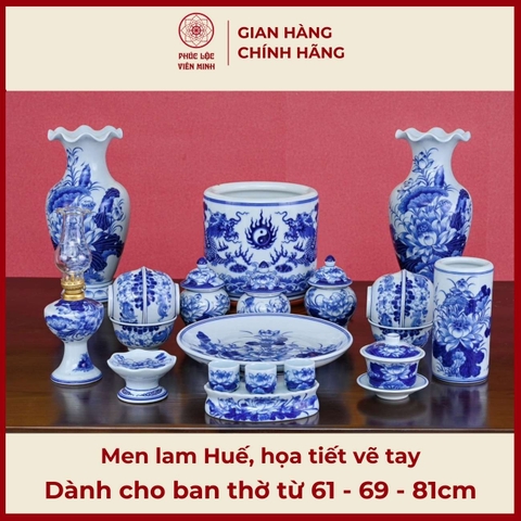 Bộ Đồ Thờ Men Lam Vẽ Tay Gốm Sứ Bát Tràng - Phúc Lộc Viên Minh - PLVM361
