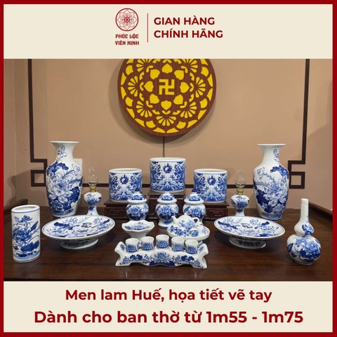 Bộ Đồ Thờ Men Lam Huế Vẽ Tay Gốm Sứ Bát Tràng - Phúc Lộc Viên Minh - PLVM392