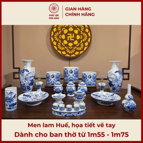 Bộ Đồ Thờ Men Lam Huế Gốm Sứ Bát Tràng - Phúc Lộc Viên Minh - PLVM393