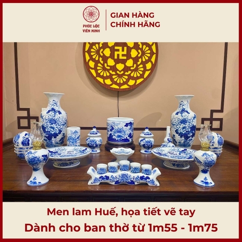 Bộ Đồ Thờ Men Lam Vẽ Tay Gốm Sứ Bát Tràng - Phúc Lộc Viên Minh - PLVM401