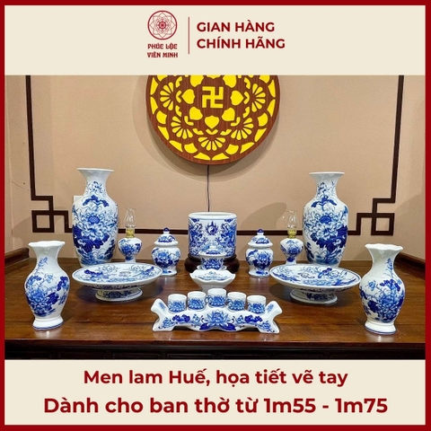 Bộ Đồ Thờ Men Lam Huế Vẽ Tay Gốm Sứ Bát Tràng - Phúc Lộc Viên Minh - PLVM403