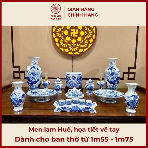 Bộ Đồ Thờ Men Lam Huế Vẽ Tay Gốm Sứ Bát Tràng - Phúc Lộc Viên Minh - PLVM404