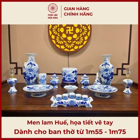 Bộ Đồ Thờ Men Lam Vẽ Tay Gốm Sứ Bát Tràng - Phúc Lộc Viên Minh - PLVM408