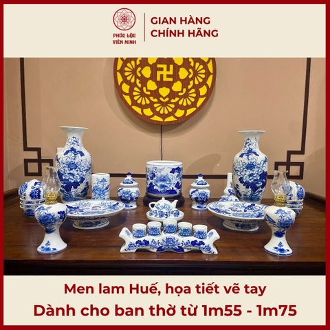Bộ Đồ Thờ Men Lam Huế Vẽ Tay Gốm Sứ Bát Tràng - Phúc Lộc Viên Minh -  PLVM409