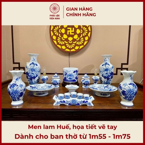 Bộ Đồ Thờ Men Lam Họa Tiết Vẽ Tay Gốm Sứ Bát Tràng - Phúc Lộc Viên Minh -  PLVM412