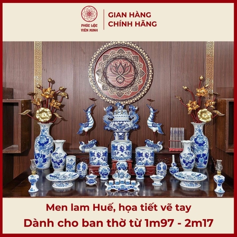 Bộ Đồ Thờ Men Lam Vẽ Tay Gốm Sứ Bát Tràng - Phúc Lộc Viên Minh -  PLVM413