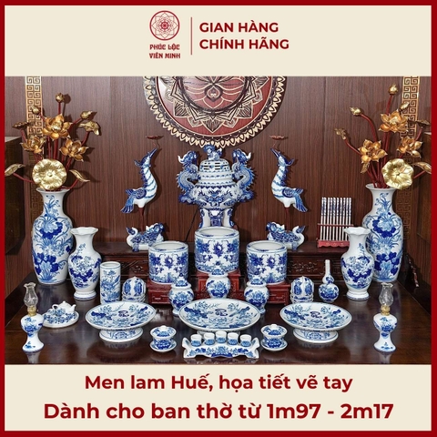 Bộ Đồ Thờ Men Lam Vẽ Tay Gốm Sứ Bát Tràng - Phúc Lộc Viên Minh -  PLVM414