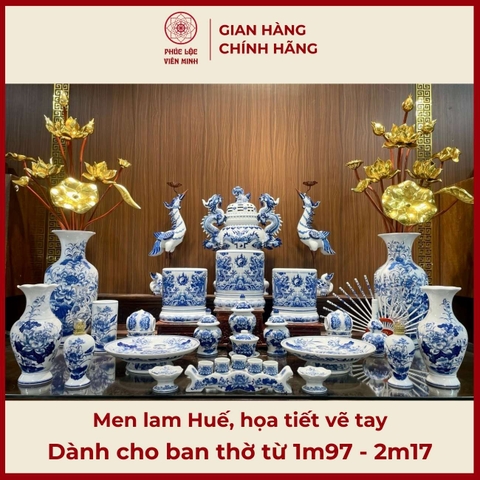 Bộ Đồ Thờ Men Lam Huế Họa Tiết Vẽ Tay Gốm Sứ Bát Tràng - Phúc Lộc Viên Minh -  PLVM415