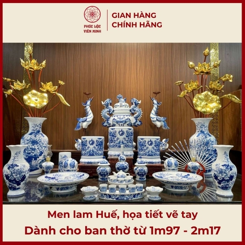 Bộ Đồ Thờ Men Lam Vẽ Tay Gốm Sứ Bát Tràng - Phúc Lộc Viên Minh -  PLVM417