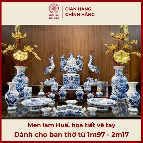 Bộ Đồ Thờ Men Lam Huế Gốm Sứ Bát Tràng - Phúc Lộc Viên Minh -  PLVM418